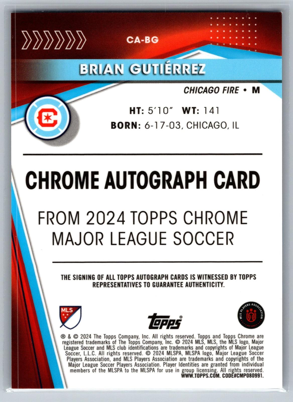 2024 Topps Chrome MLS #CA-BG Brian Gutiérrez Chrome Autographs