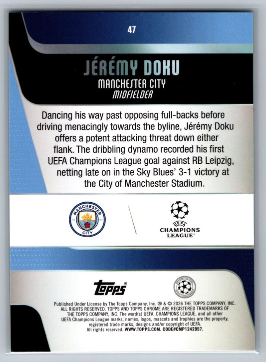 25-26 Topps Chrome UCC #47 Jérémy Doku Aqua Refractor - Deck Pulse