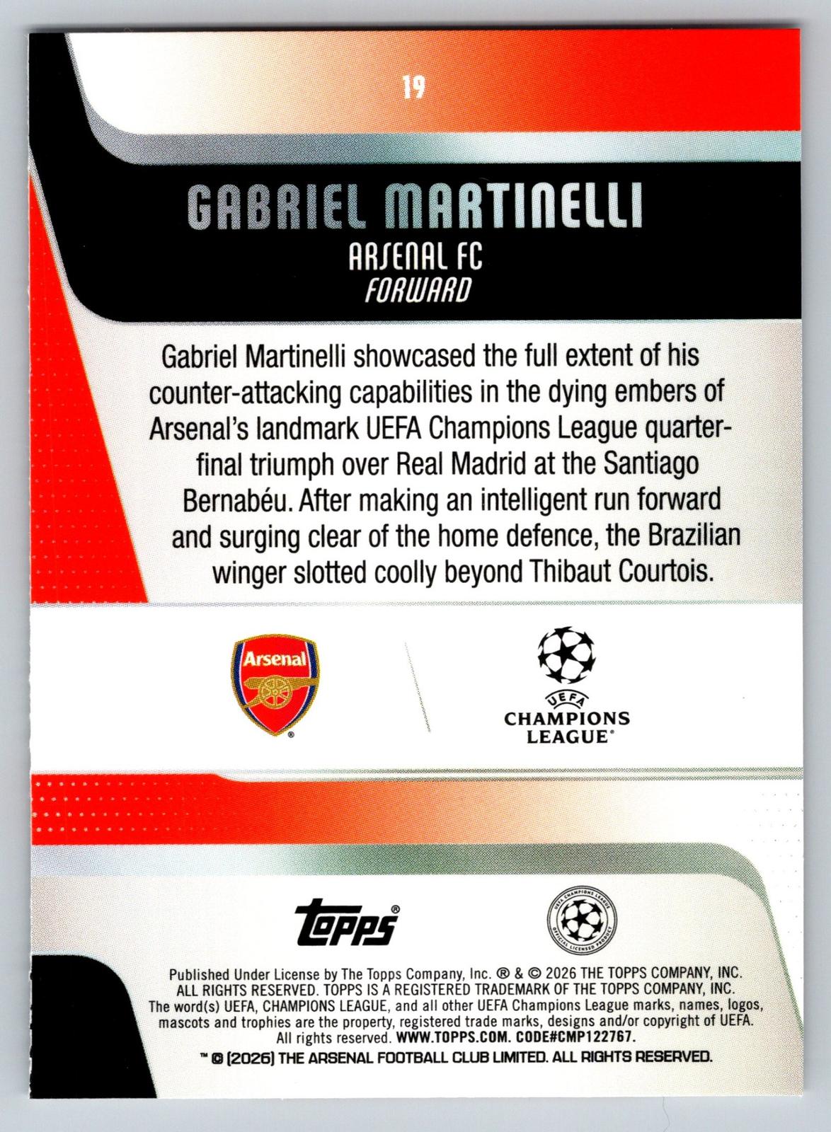 2025-26 Topps UEFA Club Competitions #19 Gabriel Martinelli - Deck Pulse