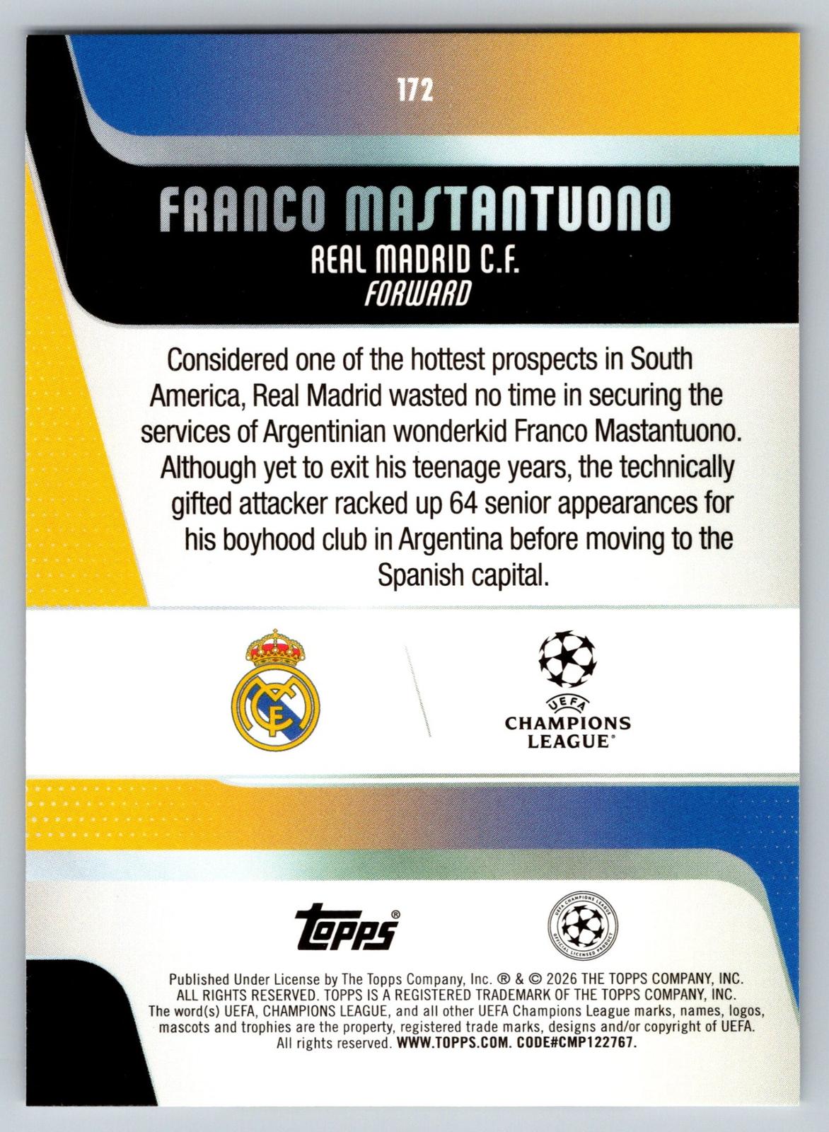 2025-26 Topps UEFA Club Competitions #172 Franco Mastantuono - Deck Pulse