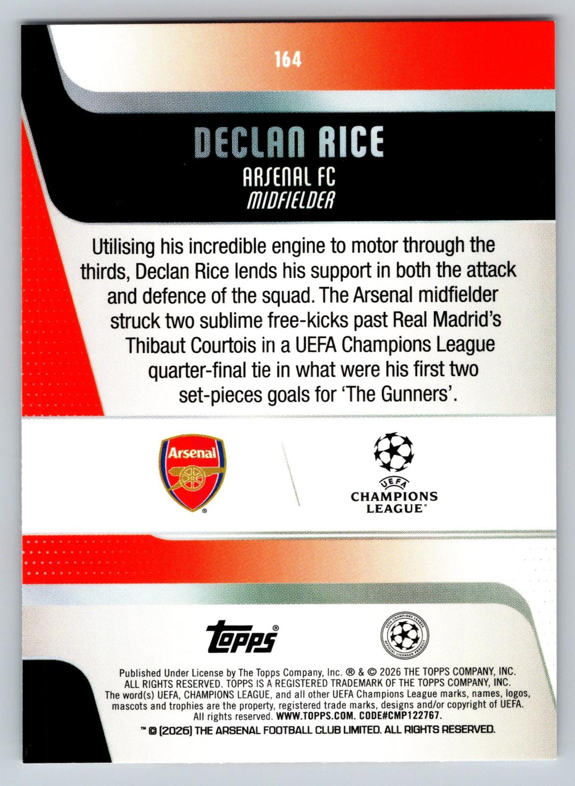 2025-26 Topps UEFA Club Competitions #164 Declan Rice - Deck Pulse