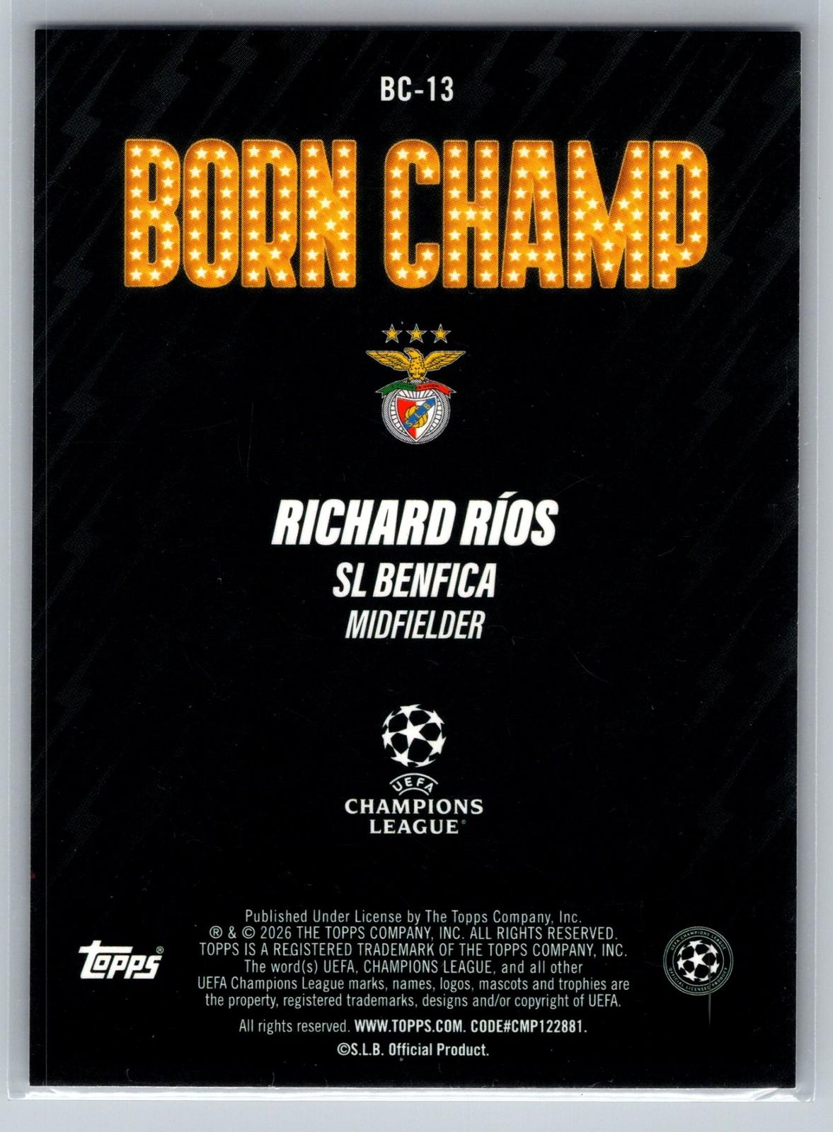2025-26 Topps UEFA Club Competitions #BC-13 Richard Ríos Born Champ - Deck Pulse