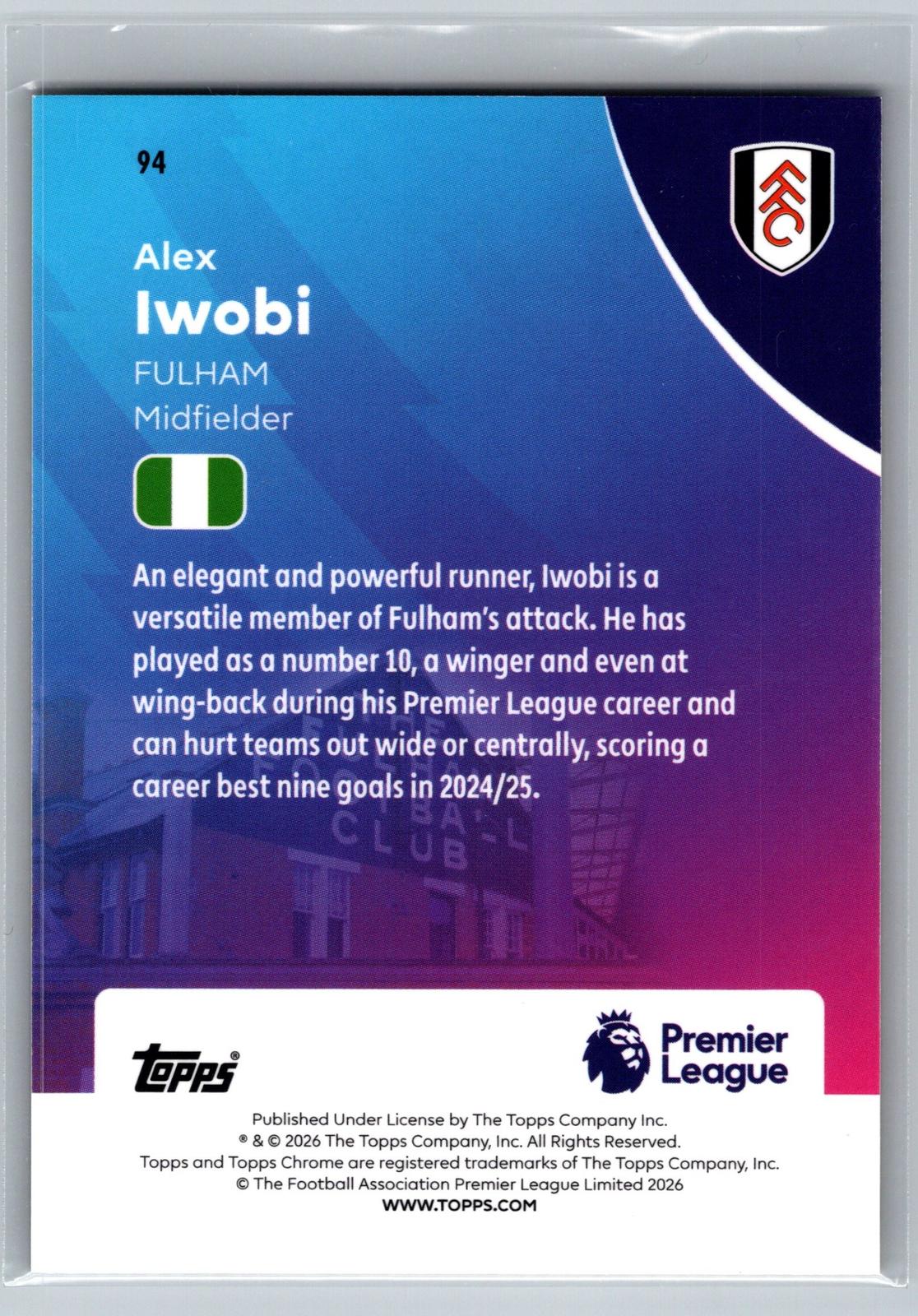 2025-26 Topps Chrome Premier League #94 Alex Iwobi Yellow Refractor #/275