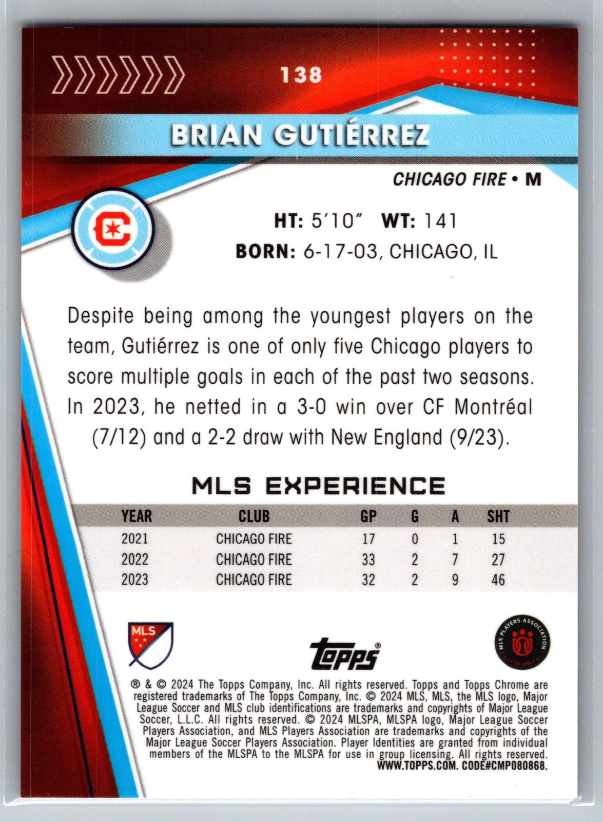 2024 Topps Chrome MLS #138 Brian Gutiérrez Orange Refractor #/25